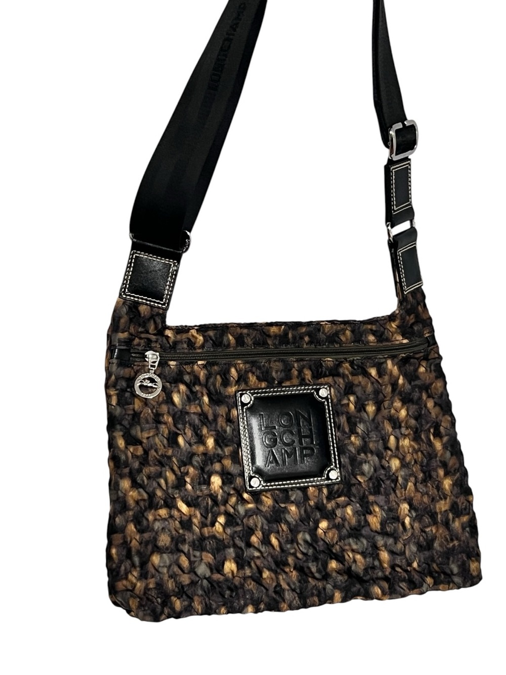 Longchamp Brown and Black Woven Crossbody with Leather Logo Patch - Picture 2 of 15